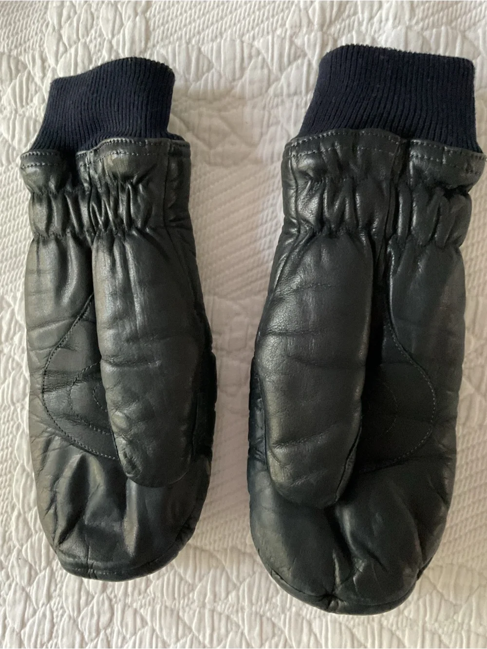 Black Leather Mittens with Knit Cuff